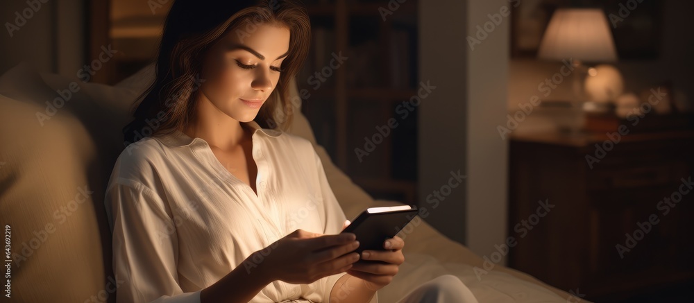 Poster caucasian woman taking a break reading a book and using a smartphone mock up for online activities a