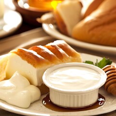 turkish creamy dairy kaymak honey and bread on a breakfast plate - obrazy, fototapety, plakaty