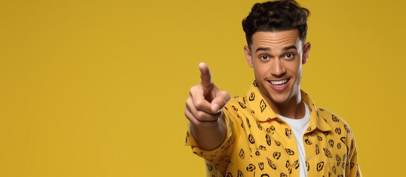 Latin man advertises and advises best price wearing printed shirt and pointing at copy space