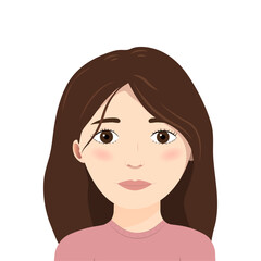 Vector illustration, portrait or icon cute young woman with brown eyes in pink jumper for web pages. Woman character isolated on white background