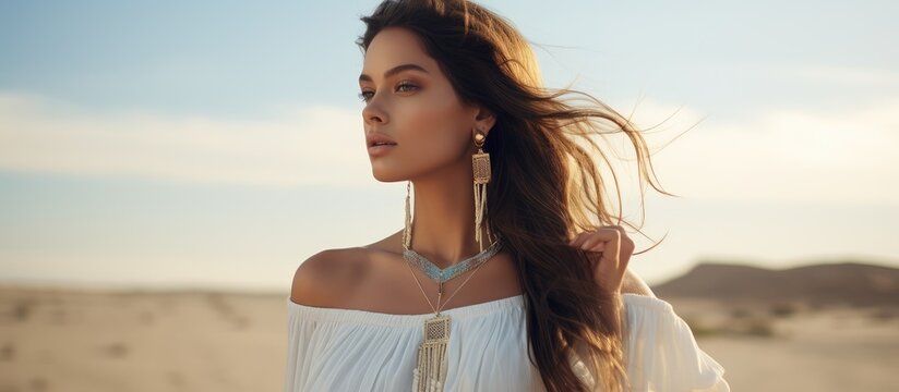 Copy space available for a stunning dark haired girl in a white dress adorned with boho jewelry posing in a sandy valley with a blue sky Beauty Fashion and Boho style