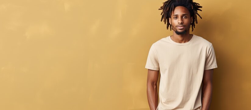 Young African man with dreadlocks in a casual t shirt on a blank backdrop
