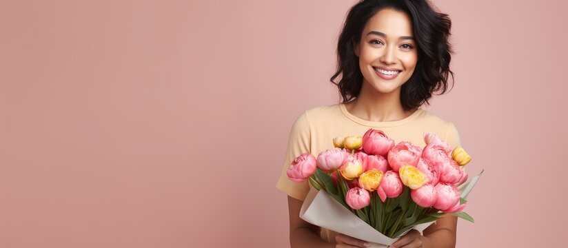 Portrait Of A Joyful Woman With A Tulip Bouquet Smiling