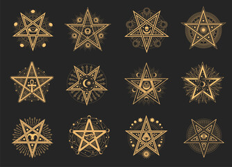Esoteric occult pentagram, magic signs. Demon pentacle tattoo, magic mason seal, satan pentagram line vector symbols set. Alchemy, witchcraft esoteric or occult signs with pentagram stars in circle - obrazy, fototapety, plakaty