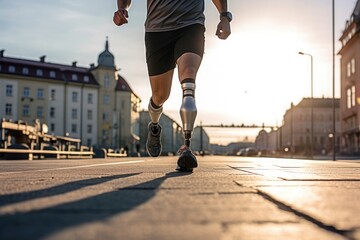 Physically disabled athlete running with prosthetic legs. Generative AI.