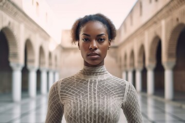 Close-up portrait photography of a glad girl in her 20s wearing a lightweight base layer at the alhambra in granada spain. With generative AI technology