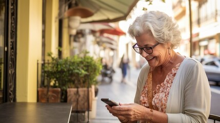 Joyful Senior Woman Smiling at Mobile Phone, generative Ai
