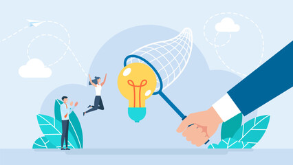 The business team is looking for an idea and catches it with a butterfly net. Businessman chasing flying light bulb. Innovations competition metaphor. Business Inspiration Concept. Vector Illustration