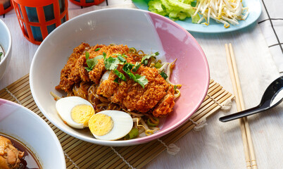 Fried chicken noodles. thai food style