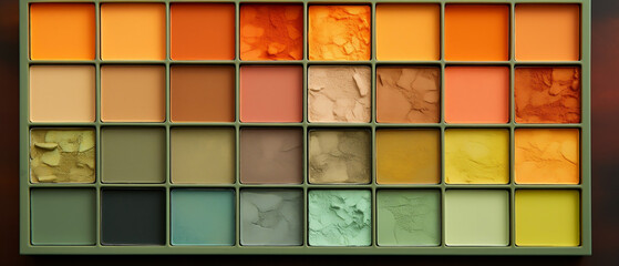 Kolorowa paleta cieni do powiek - tło lub pattern. Odcienie pomarańczu i zieleni. - obrazy, fototapety, plakaty