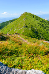 Mountain landscape on a hiking trail in the Low Tatras, Slovakia. View of mountain peaks and...