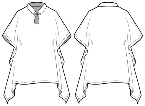 Women Handkerchief blouse top design flat sketch fashion illustration with front and back view, Short kaftan top technical drawing vector template