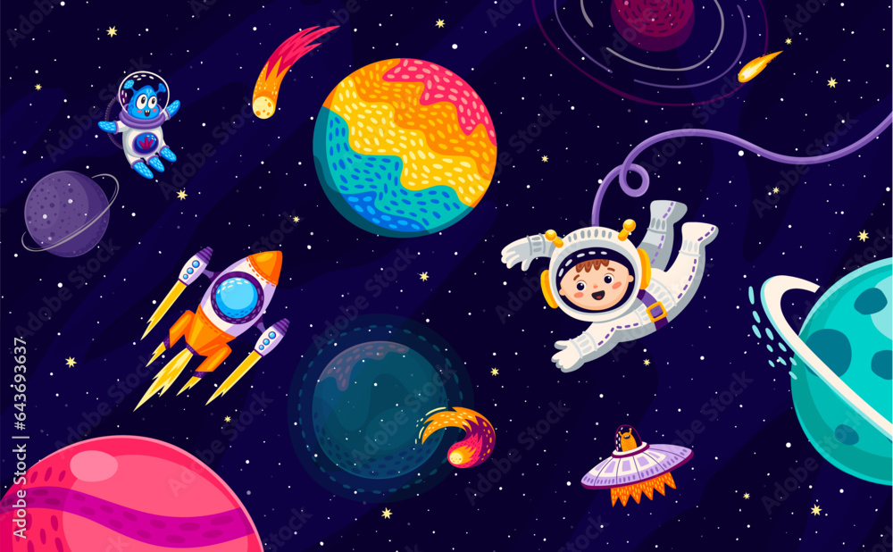Poster cartoon kid astronaut, alien, ufo and rocket spaceship at starry galaxy landscape. vector baby boy s