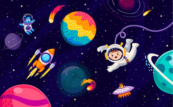 Cartoon kid astronaut, alien, ufo and rocket spaceship at starry galaxy landscape. Vector baby boy spaceman travel in outer space. Funny cosmonaut float in weightlessness in fantasy celestial world