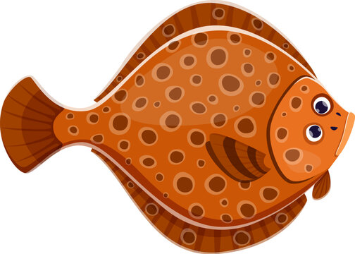Cartoon flounder fish character. Isolated vector flat-bodied plaice marine creature with both eyes on one side of head. Master of camouflage, blending seamlessly with their surroundings to ambush prey