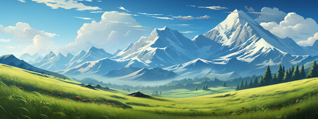 The green field with mountain background, in the style of large-scale canvas for background, backdrop