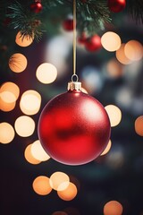 A vibrant red ornament hanging from a beautifully decorated Christmas tree