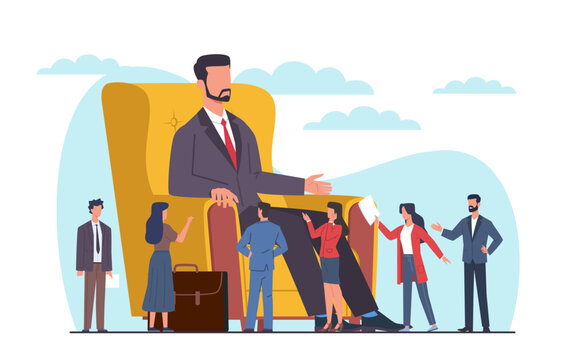 Big boss is sitting in chair with little people walking around downstairs. Subordinate and manager. Selfish man. Tiny employees. Cartoon flat isolated illustration. Vector arrogance concept