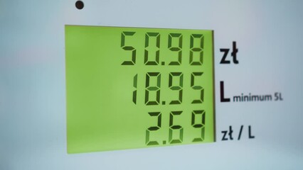 Scoreboard with amount to be paid in zloty after refueling car. Gas price increase in Poland. Fuel price rates goes up due to inflation and war in Ukraine. Filling benzine gasoline fuel in gas station - Powered by Adobe