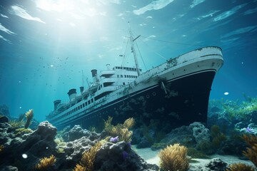 cruise liner sunk to the bottom of the ocean as a shipwreck - obrazy, fototapety, plakaty