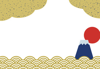 富士山・初日の出と青海波の年賀状背景/紺・金