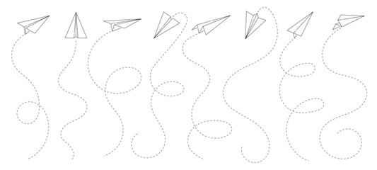 Paper aeroplane lines. Creativity and leadership, business idea and freedom, Startup launch vector concept. Air transport or airline transportation line symbol with handmade origami toy aeroplane