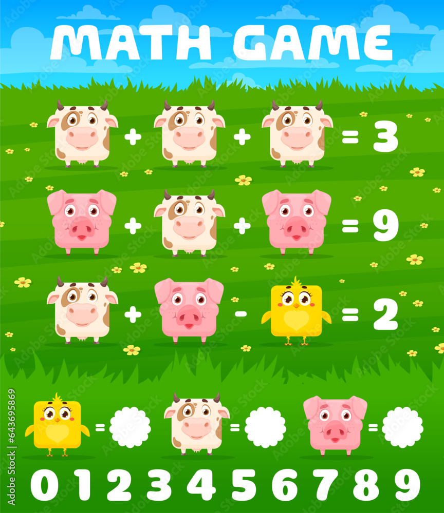 Poster cartoon square cow, pig and chicken characters math game worksheet. vector mathematics quiz page wit