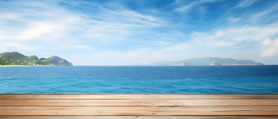Fototapeta premium Wooden table on the background of the sea, island and the blue sky, Generative AI