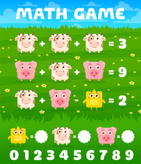 Cartoon square cow, pig and chicken characters math game worksheet. Vector mathematics quiz page with funny farm animals on green field. Riddle for children education and learning arithmetic equations