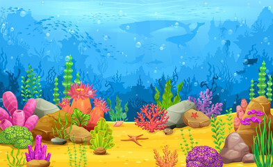 Fototapeta na wymiar Cartoon underwater landscape, arcade game level map. Ocean animal and plant scene, ocean deep wildlife vector backdrop with coral and seaweed plants, whale, dolphin and fish shoal silhouettes