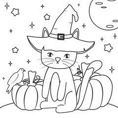 cute hand drawn black and white cartoon character cat with wizard hat and pumpkins funny halloween vector illustration for coloring art