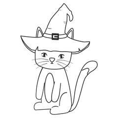 cute hand drawn black and white cartoon character cat with wizard hat funny halloween vector illustration isolated on white background for coloring art