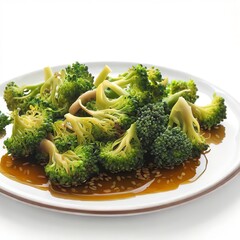 Roasted fresh broccoli sprouts in oil on a plate a white background