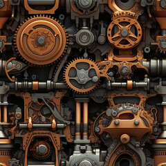 An illustration of a seamless tile pattern inside the mechanical engine. Mechanical details of working and moving parts. Gears and cogwheels.