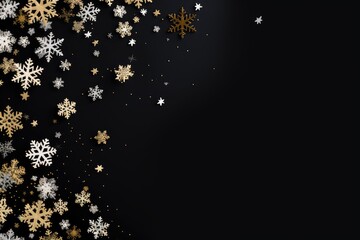A festive black background adorned with elegant gold and silver snowflakes