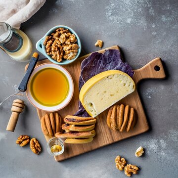 Trendy butter board with honey and walnuts for breakfast on the table top view