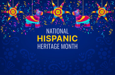 National Hispanic Heritage Month banner with holiday pinatas and confetti. Ethnic holiday background, Hispanic Heritage Month celebration flyer or Latin America culture carnival vector poster or card