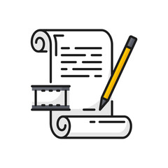 Film scenario, video production icon. Video script, movie screenplay or filmmaking review thin line vector symbol. Cinema industry simple pictogram or sign with paper document, pencil and film strip