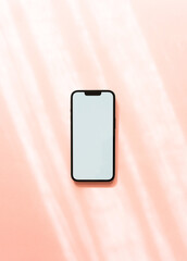 White blank path screen mobile phone with mockup on neutral pink background with shadows.