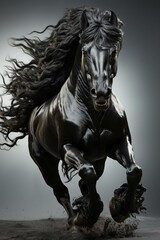 A black horse is running against a white background