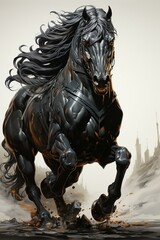 Fototapeta premium A black horse is running against a white background