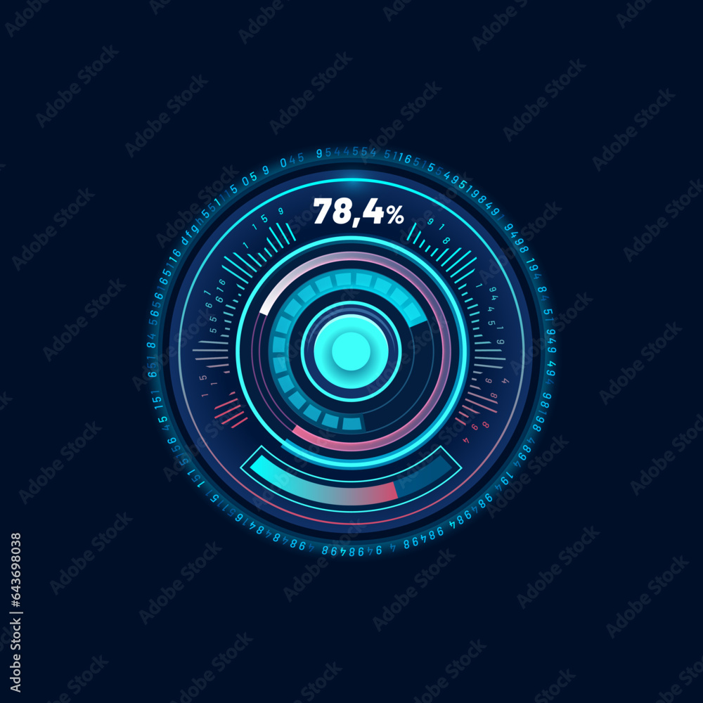 Leinwandbilder Loading bar neon dial, car speed gauge dashboard, futuristic counter interface. App user interface loading progress vector screen, download status display or UI bar, futuristic digital speedometer