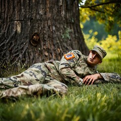 a very young white soldier hurted lying and sleeping under a tree