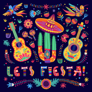 Mexican fiesta party banner with cartoon sombrero hat, maracas, guitar and hummingbirds, guitars and tropical flowers in ethnic alebrije style. Vector background with traditional symbols of Mexico