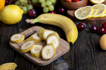 Sliced ripe yellow banana, close up