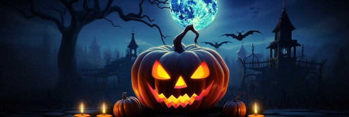 Dark Halloween night is illuminated by glowing pumpkin lanterns. Generative Ai. - obrazy, fototapety, plakaty