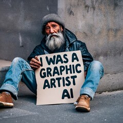 Image of a poor homeless person laying on the ground hold a sign that says - I was a graphic artist before AI