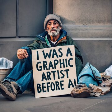 Image of a poor homeless person laying on the ground hold a sign that says - I was a graphic artist before AI
