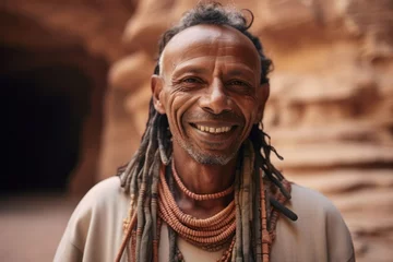 Fototapeten Close-up portrait photography of a blissful mature man wearing a dramatic choker necklace at the petra in maan jordan. With generative AI technology © Markus Schröder