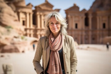 Close-up portrait photography of a cheerful mature woman wearing a stylish blazer at the petra in maan jordan. With generative AI technology